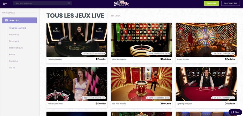 Madnix Casino — Tous les jeux live: Blackjack, Lightning Roulette, Dream Catcher Evolution Gaming